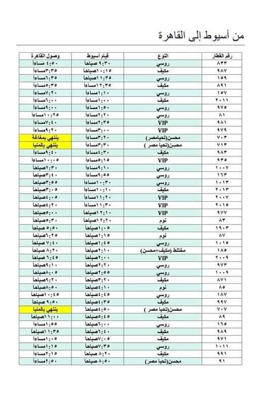 جدول مواعيد قطارات أسيوط إلى القاهرة